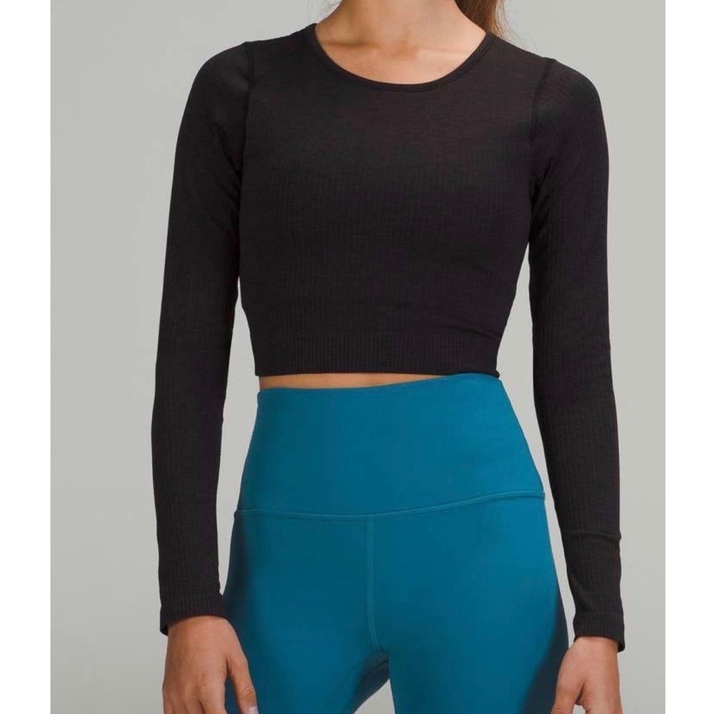 Lululemon Ebb to Street Long Sleeve Black W3DZNS Women 6 Crop Rib Built in Bra - Picture 6 of 9